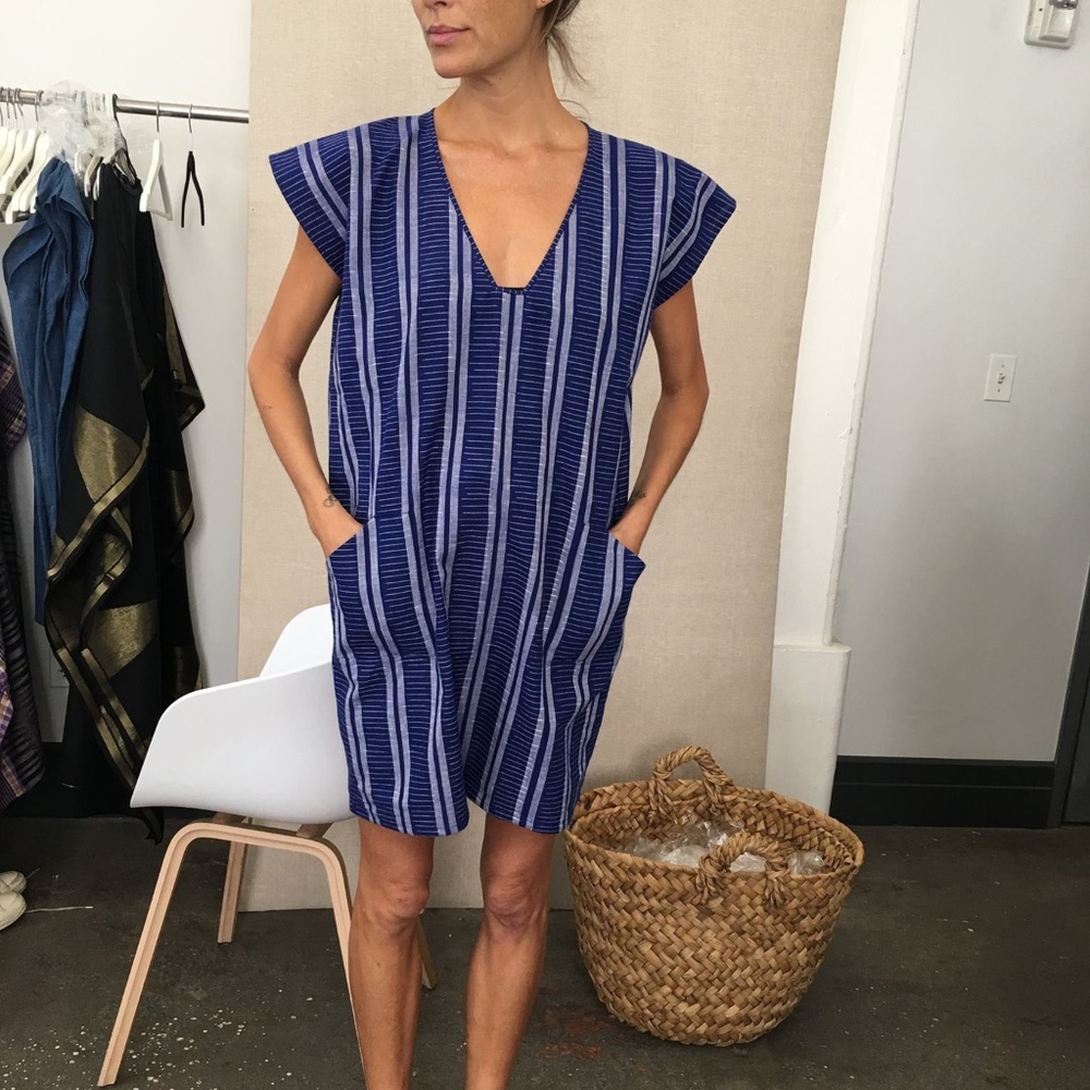 TWO New York NY Ikat Pocket Tunic Dress Mediterranean Blue Stripe Cotton O/S